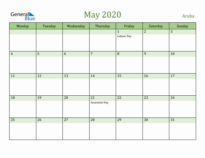 May 2020 Calendar with Aruba Holidays