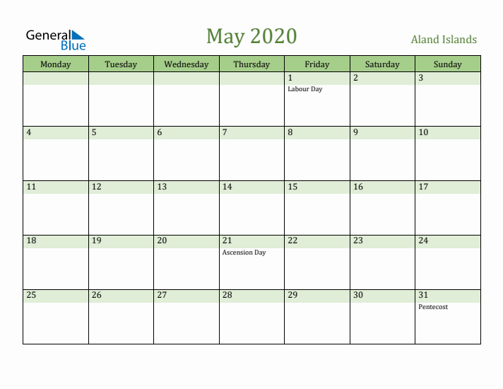 May 2020 Calendar with Aland Islands Holidays