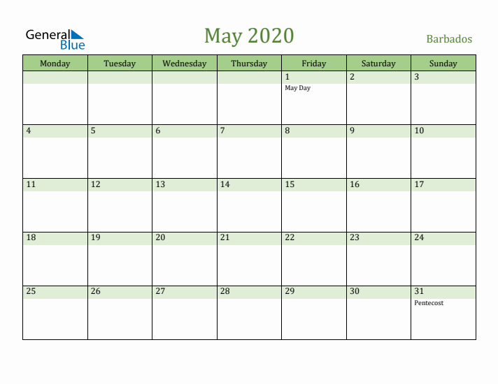 May 2020 Calendar with Barbados Holidays