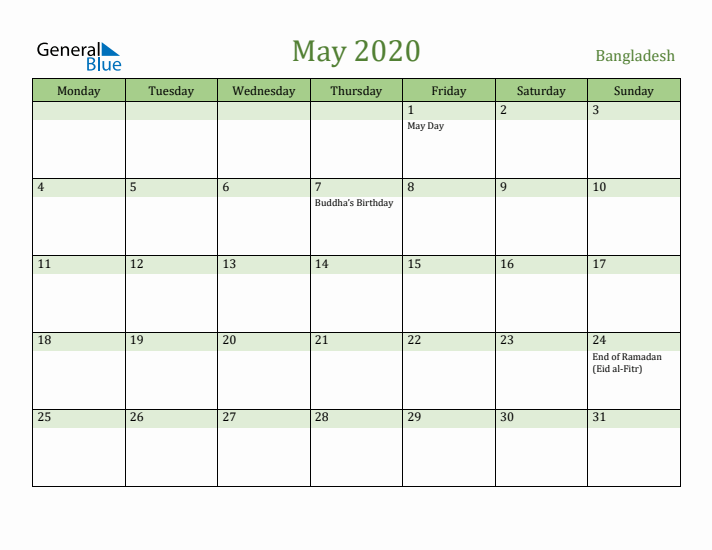 May 2020 Calendar with Bangladesh Holidays