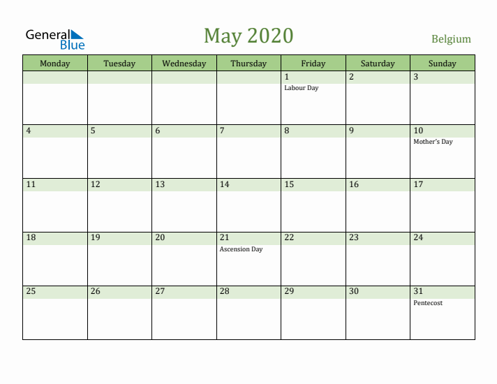 May 2020 Calendar with Belgium Holidays