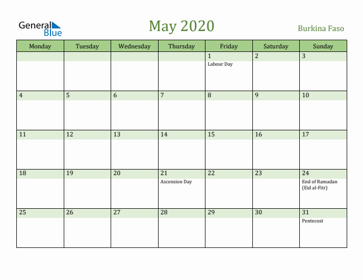 May 2020 Calendar with Burkina Faso Holidays