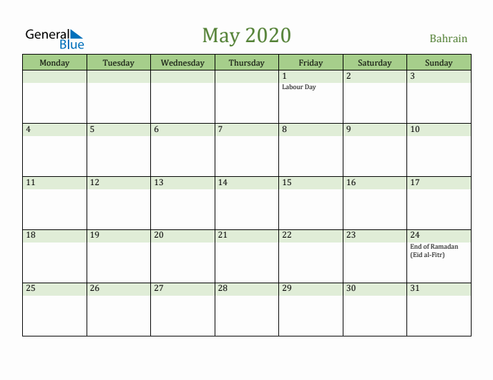 May 2020 Calendar with Bahrain Holidays