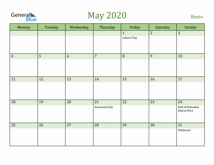 May 2020 Calendar with Benin Holidays