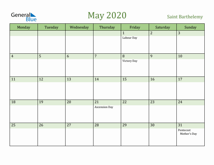 May 2020 Calendar with Saint Barthelemy Holidays