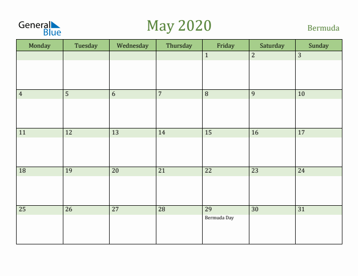 May 2020 Calendar with Bermuda Holidays