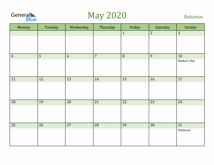 May 2020 Calendar with Bahamas Holidays