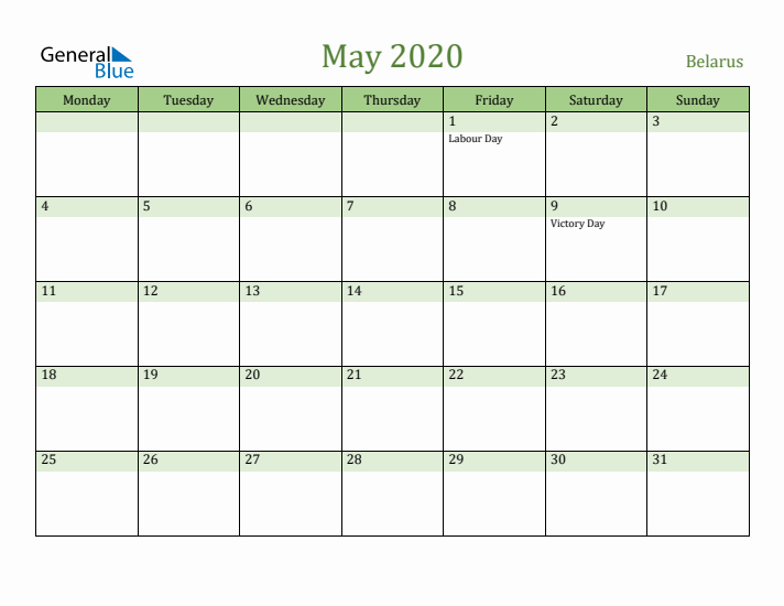 May 2020 Calendar with Belarus Holidays