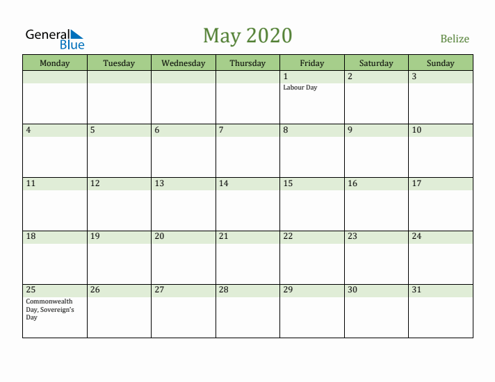 May 2020 Calendar with Belize Holidays