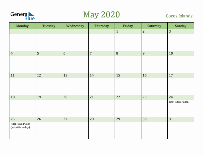 May 2020 Calendar with Cocos Islands Holidays