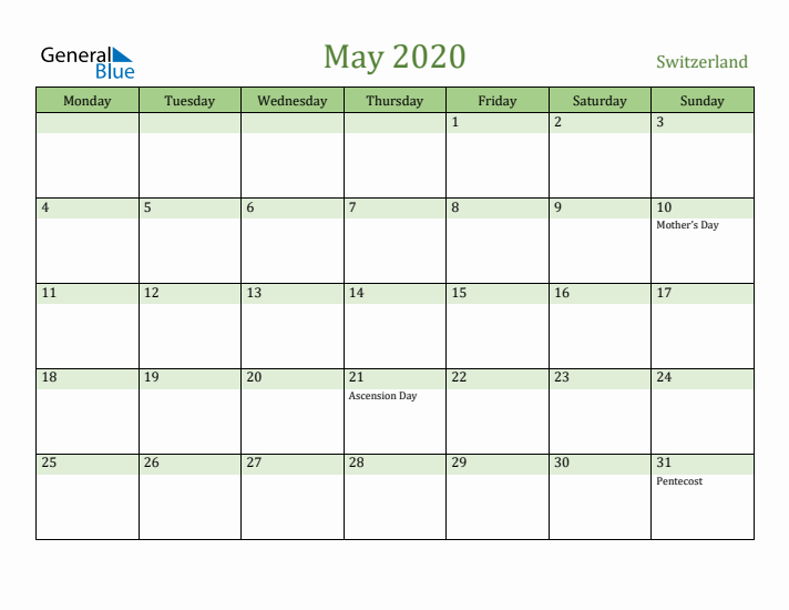 May 2020 Calendar with Switzerland Holidays