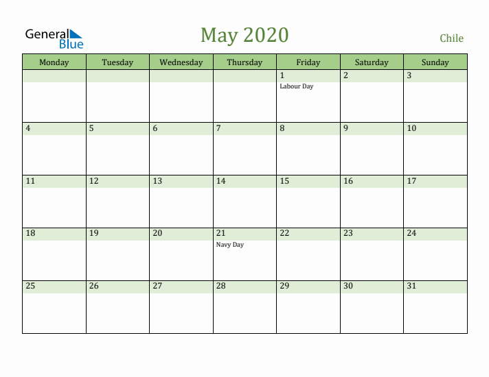 May 2020 Calendar with Chile Holidays