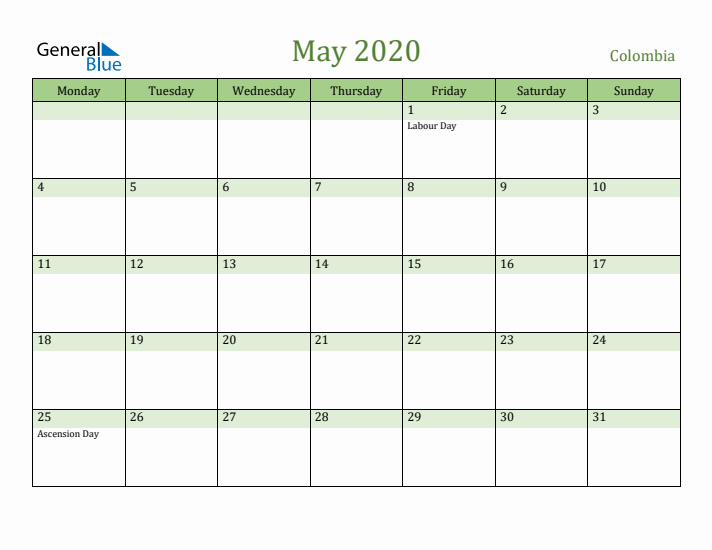 May 2020 Calendar with Colombia Holidays