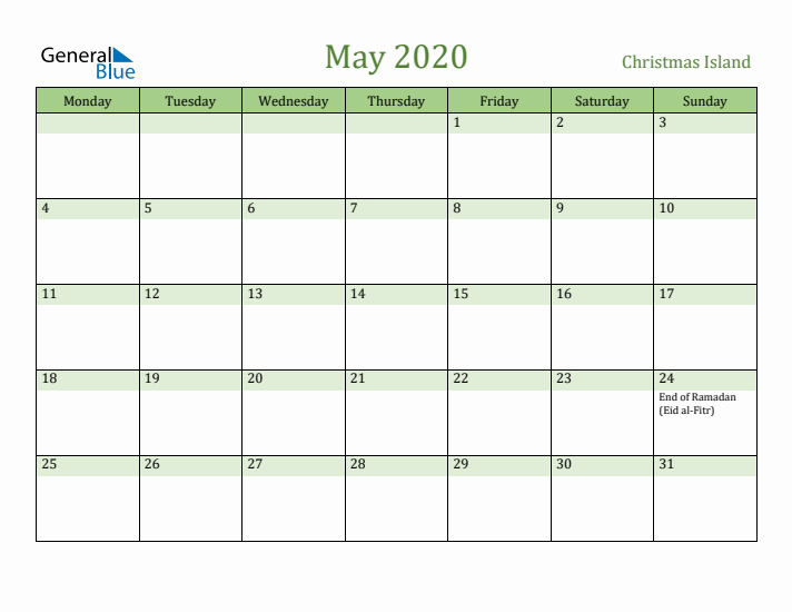 May 2020 Calendar with Christmas Island Holidays