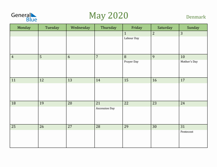 May 2020 Calendar with Denmark Holidays