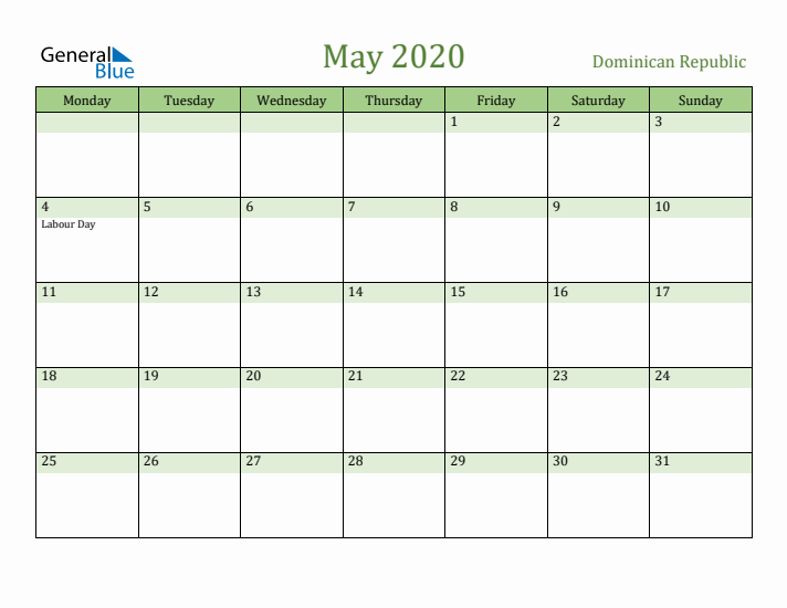 May 2020 Calendar with Dominican Republic Holidays