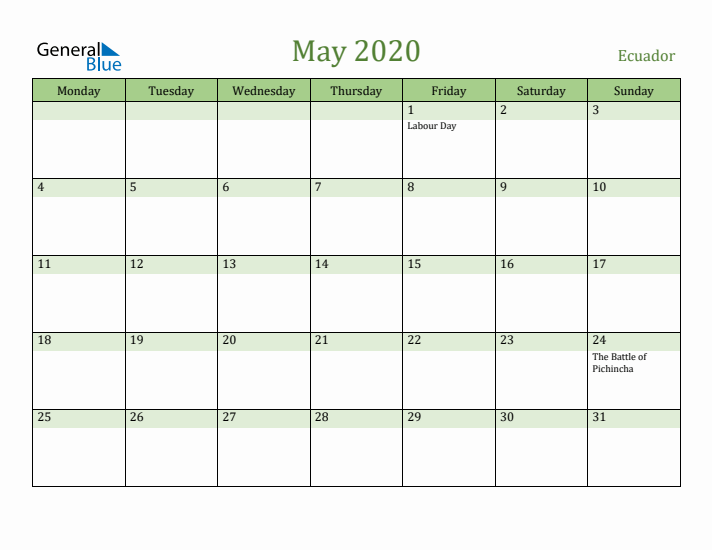 May 2020 Calendar with Ecuador Holidays
