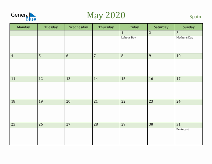May 2020 Calendar with Spain Holidays