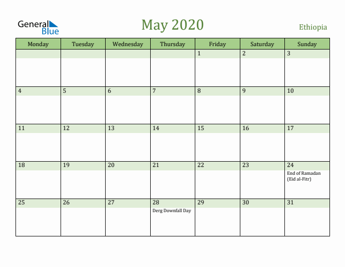 May 2020 Calendar with Ethiopia Holidays