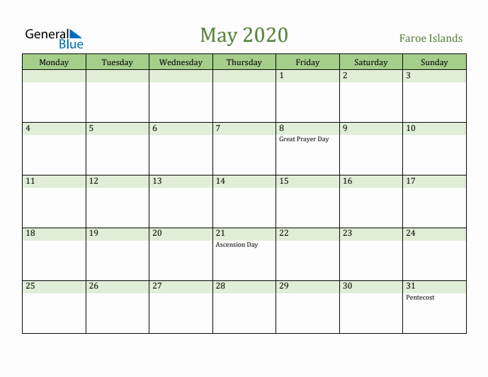 May 2020 Calendar with Faroe Islands Holidays