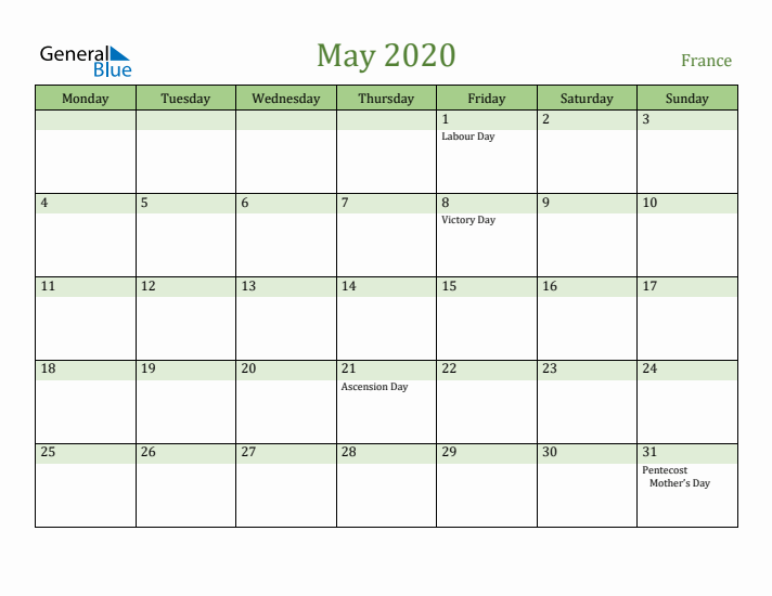 May 2020 Calendar with France Holidays