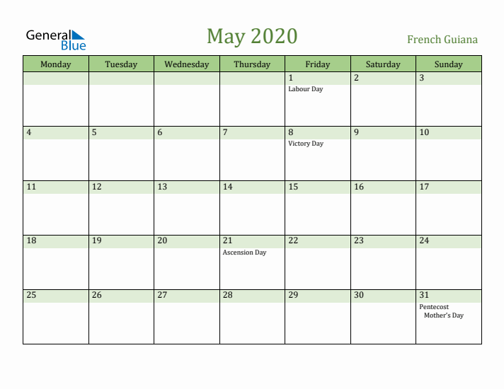 May 2020 Calendar with French Guiana Holidays