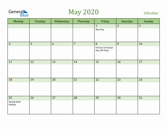 May 2020 Calendar with Gibraltar Holidays