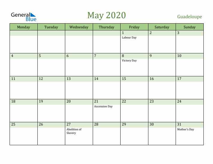 May 2020 Calendar with Guadeloupe Holidays