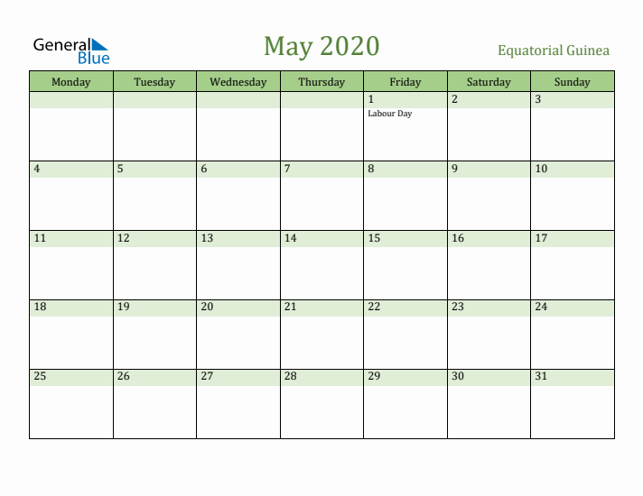 May 2020 Calendar with Equatorial Guinea Holidays