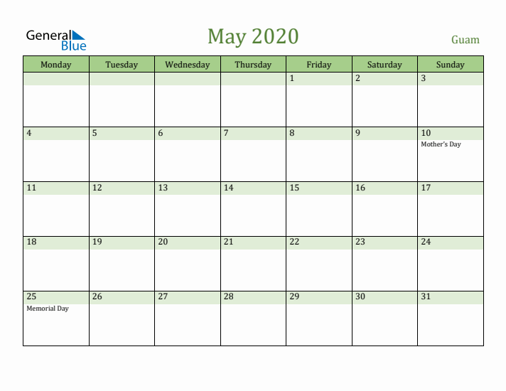 May 2020 Calendar with Guam Holidays