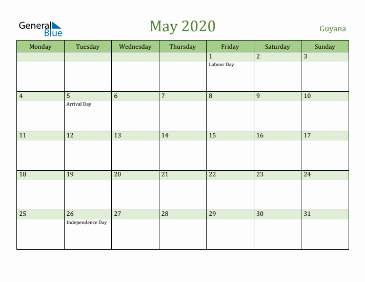May 2020 Calendar with Guyana Holidays