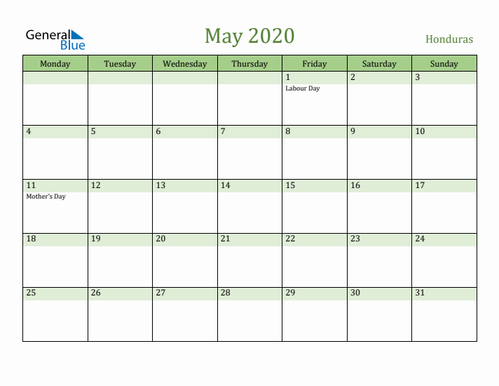 May 2020 Calendar with Honduras Holidays