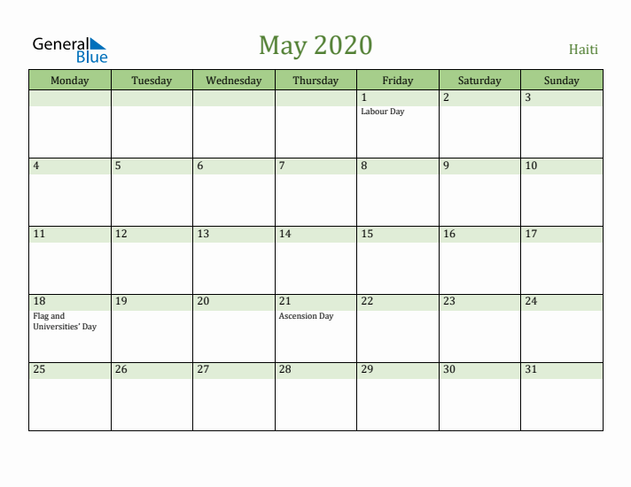 May 2020 Calendar with Haiti Holidays