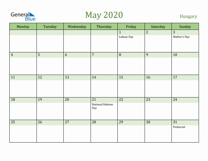 May 2020 Calendar with Hungary Holidays