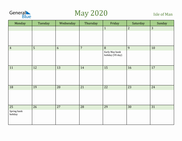 May 2020 Calendar with Isle of Man Holidays