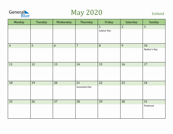 May 2020 Calendar with Iceland Holidays