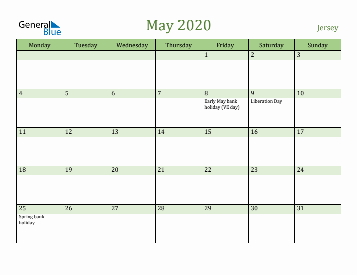 May 2020 Calendar with Jersey Holidays
