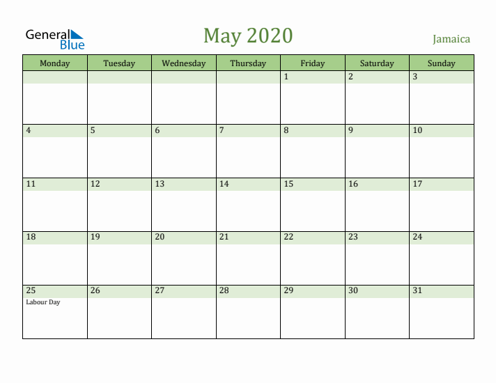 May 2020 Calendar with Jamaica Holidays