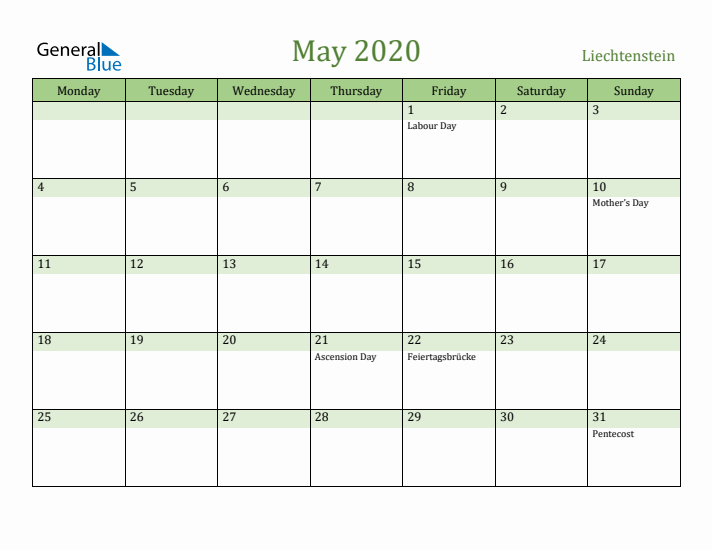 May 2020 Calendar with Liechtenstein Holidays