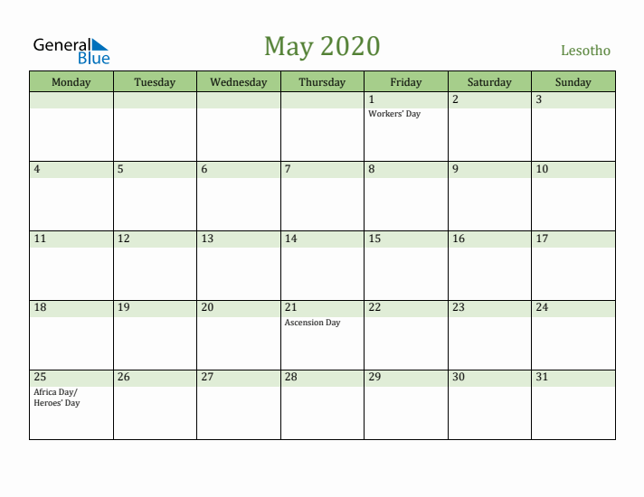 May 2020 Calendar with Lesotho Holidays