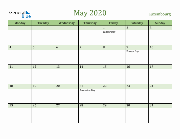 May 2020 Calendar with Luxembourg Holidays
