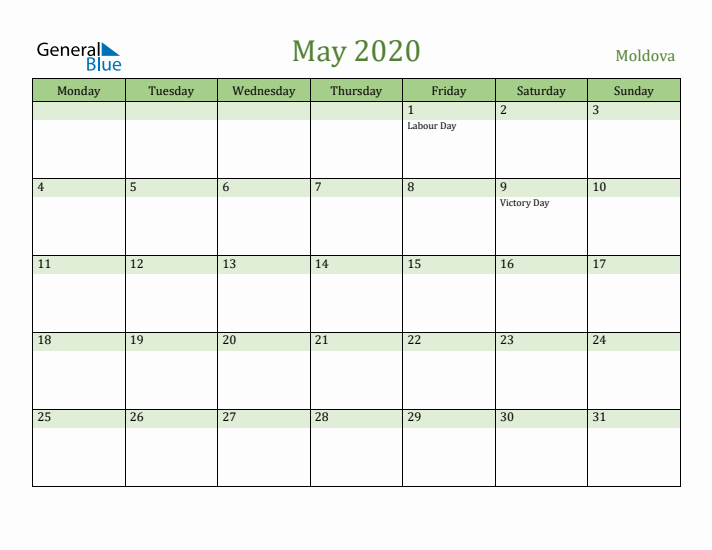 May 2020 Calendar with Moldova Holidays