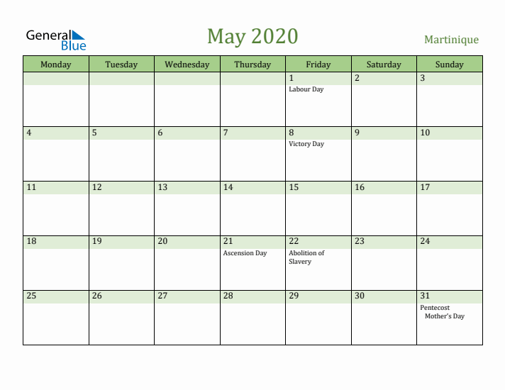May 2020 Calendar with Martinique Holidays