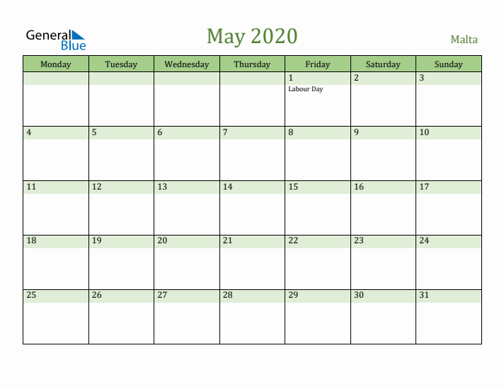 May 2020 Calendar with Malta Holidays