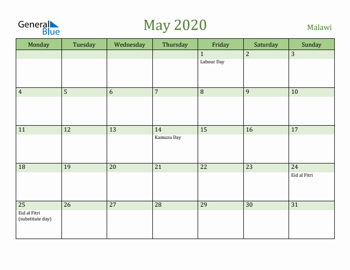 May 2020 Calendar with Malawi Holidays