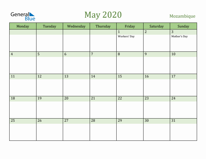May 2020 Calendar with Mozambique Holidays
