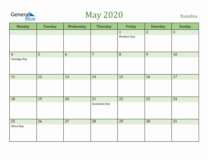 May 2020 Calendar with Namibia Holidays