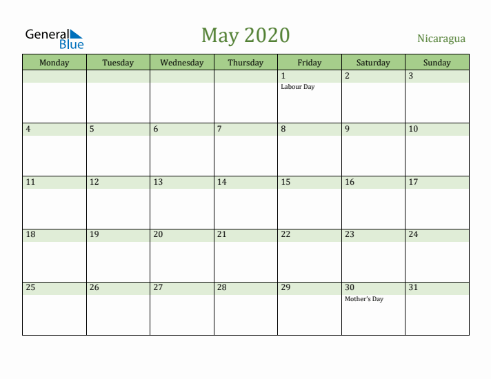 May 2020 Calendar with Nicaragua Holidays