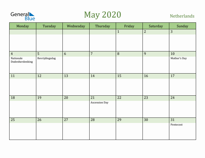 May 2020 Calendar with The Netherlands Holidays