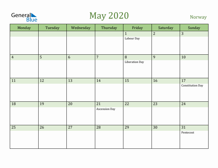 May 2020 Calendar with Norway Holidays